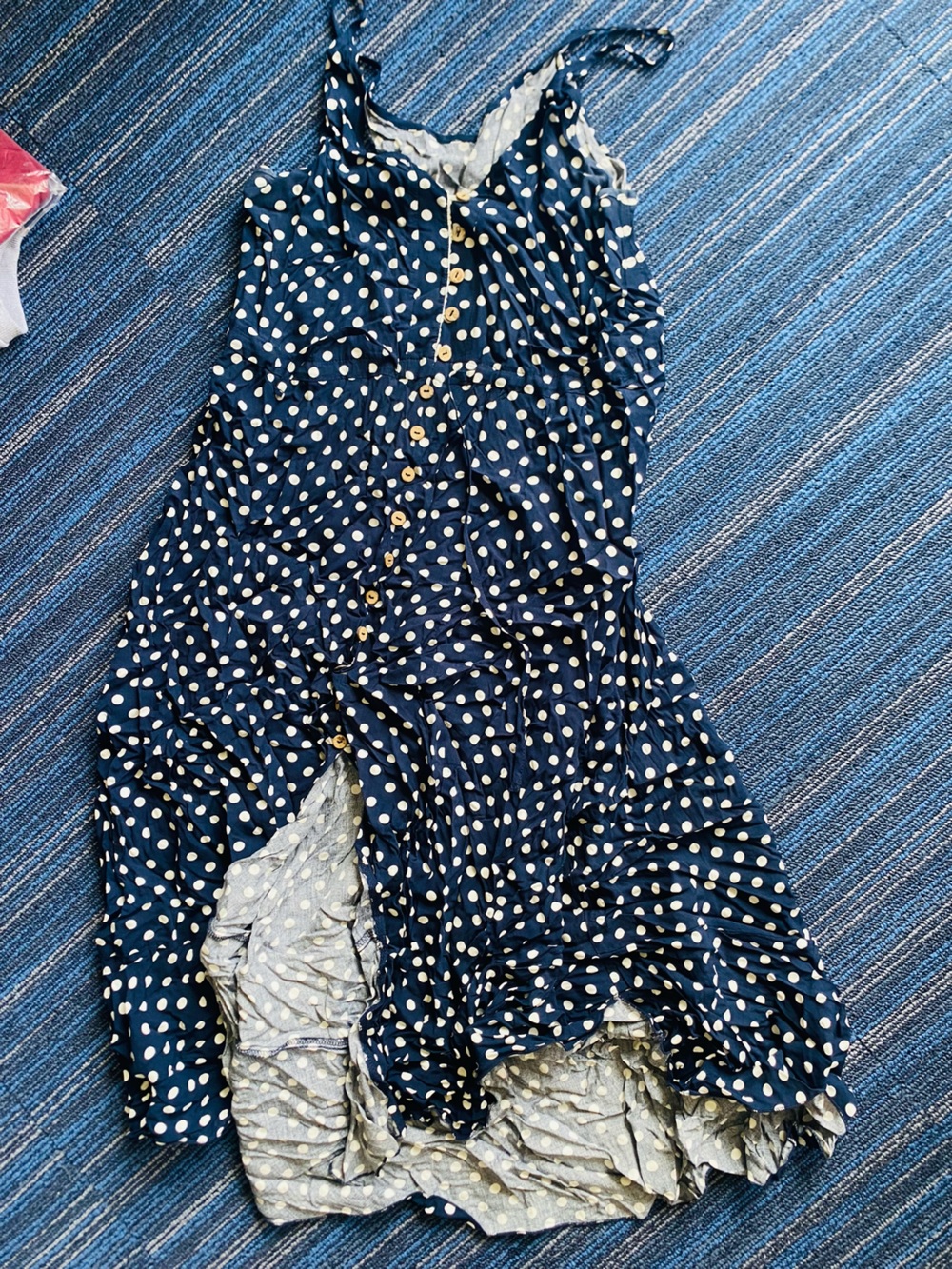 Polka Dot Navy Midi Dress with Button Front